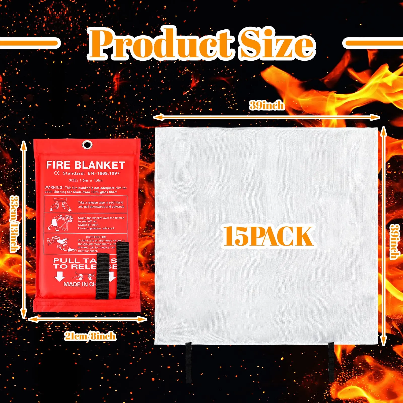 15 Pack Fire Blanket Fiberglass Fire Emergency Blanket Flame Retardant Blanket Fire Suppression Safety Blanket Fireproof Survival Safety Cover for Kitchen Home House Car Office, 39 x 39 Inch (Red)