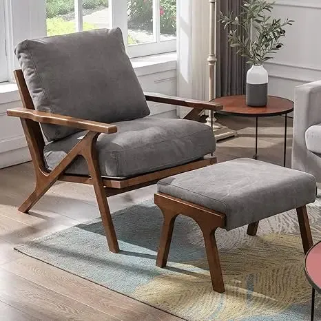 Accent Chair with Ottoman, Mid Century Modern Lounge Chair with footrest, Comfy Fabric Armchair Upholstered Living Room