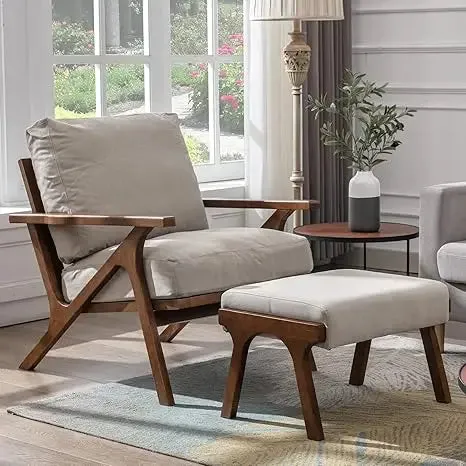 Accent Chair with Ottoman, Mid Century Modern Lounge Chair with footrest, Comfy Fabric Armchair Upholstered Living Room