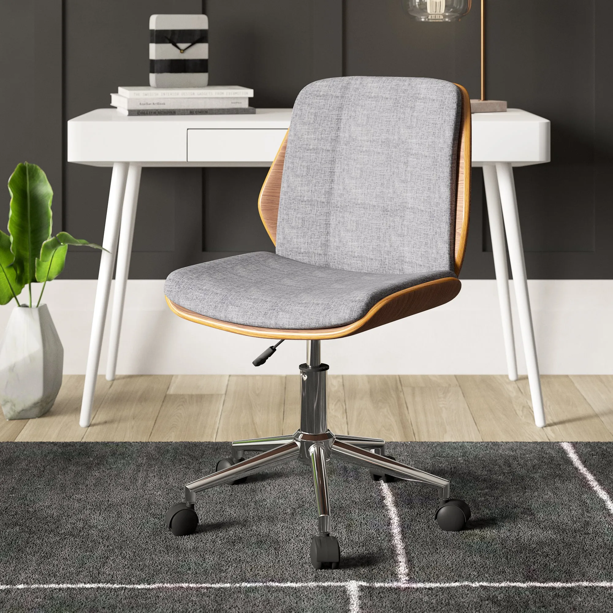 ASPECT Modern Padded Office Chair/Walnut Effect Wood, Grey Fabric Padded Seat And Chrome Base