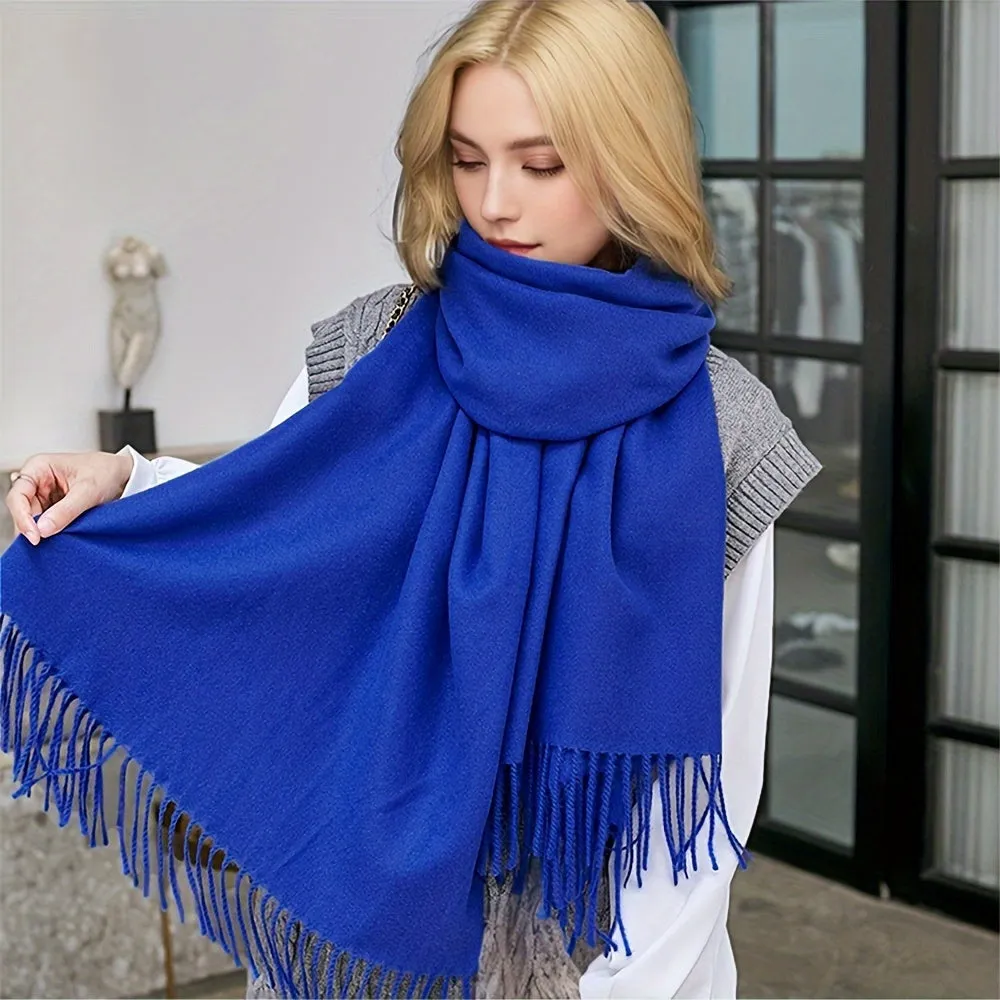 Chic Faux Cashmere Knit Scarf with Tassels - Cozy, Warm & Windproof for Winter | Solid Color, Non-Stretch Polyester