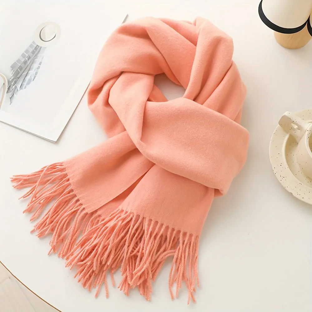 Chic Faux Cashmere Knit Scarf with Tassels - Cozy, Warm & Windproof for Winter | Solid Color, Non-Stretch Polyester