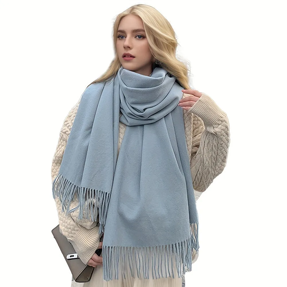 Chic Faux Cashmere Knit Scarf with Tassels - Cozy, Warm & Windproof for Winter | Solid Color, Non-Stretch Polyester