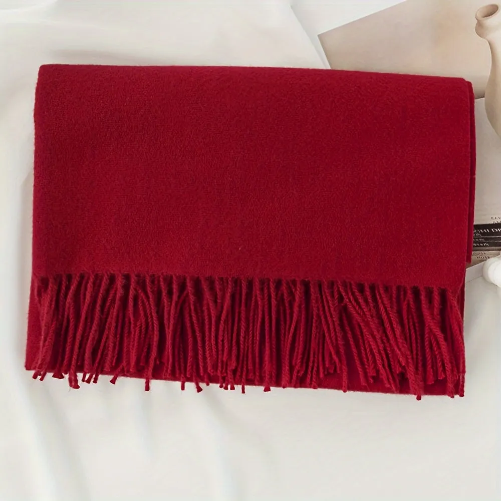 Chic Faux Cashmere Knit Scarf with Tassels - Cozy, Warm & Windproof for Winter | Solid Color, Non-Stretch Polyester