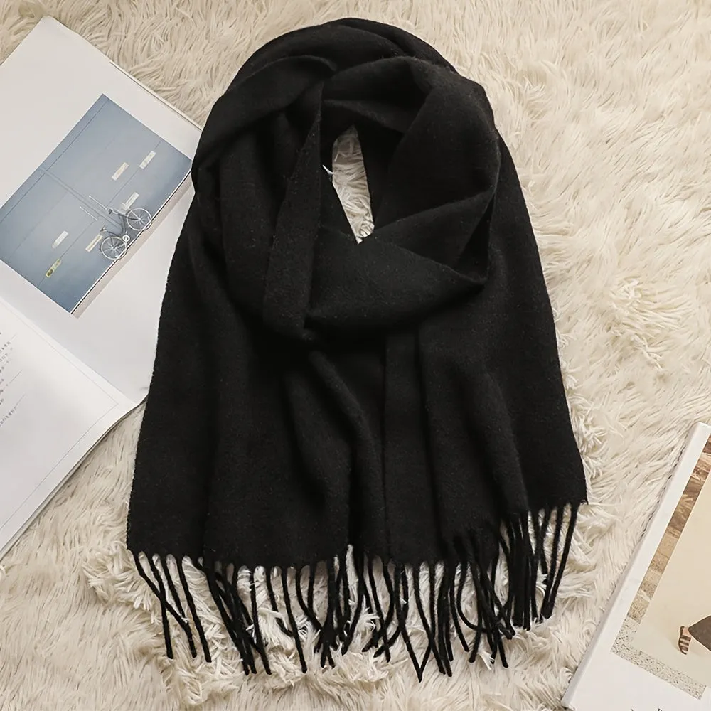 Chic Faux Cashmere Knit Scarf with Tassels - Cozy, Warm & Windproof for Winter | Solid Color, Non-Stretch Polyester