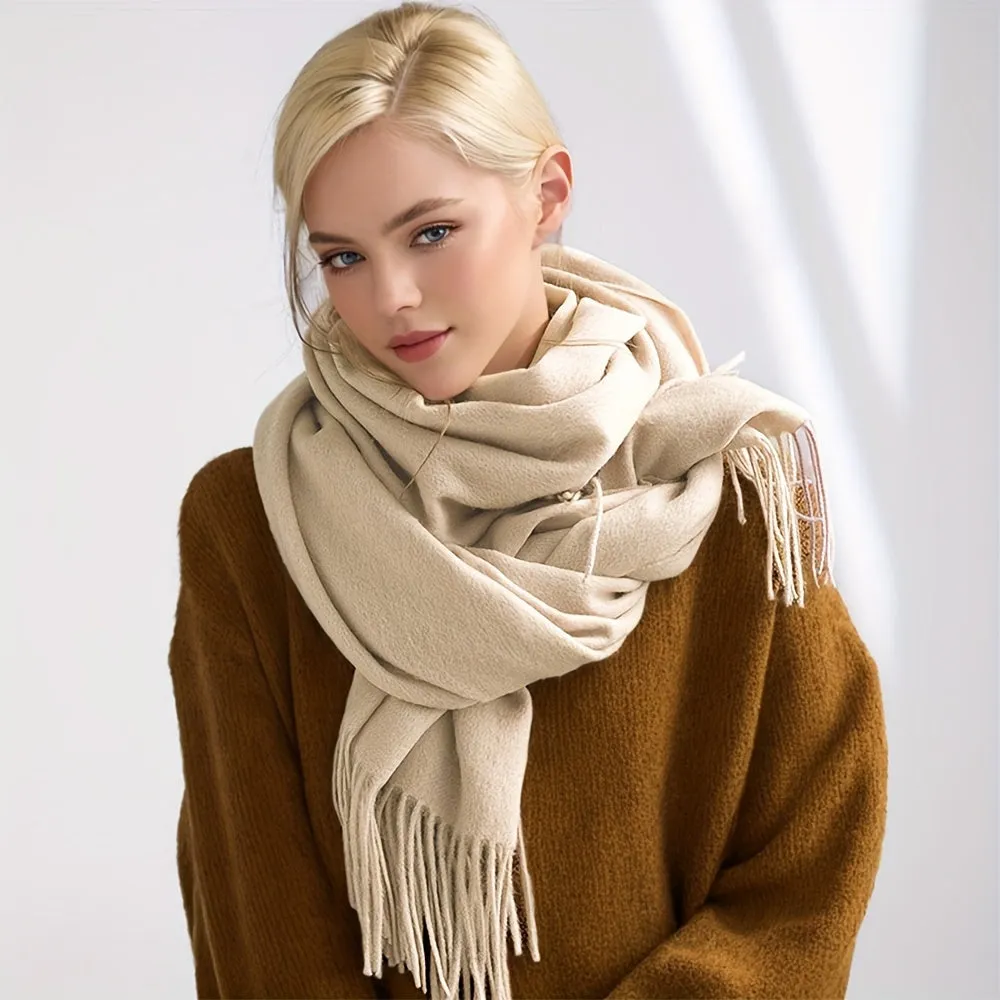 Chic Faux Cashmere Knit Scarf with Tassels - Cozy, Warm & Windproof for Winter | Solid Color, Non-Stretch Polyester