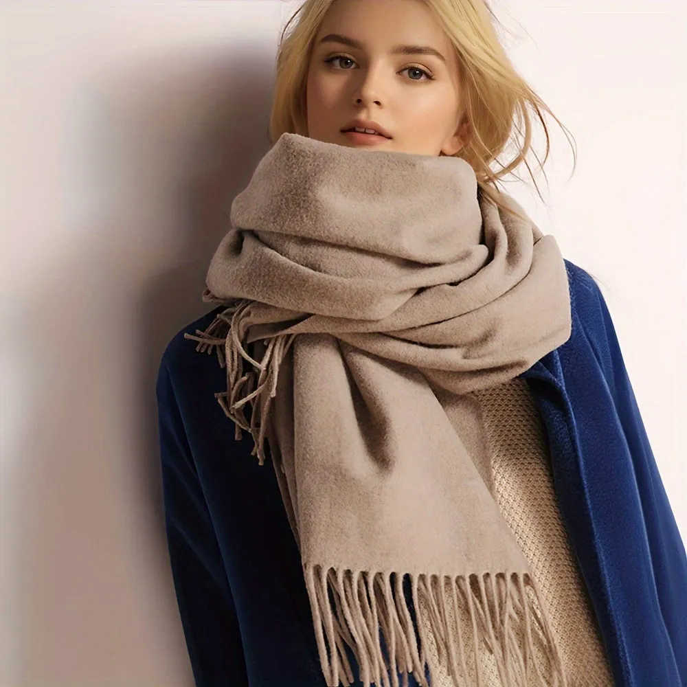 Chic Faux Cashmere Knit Scarf with Tassels - Cozy, Warm & Windproof for Winter | Solid Color, Non-Stretch Polyester