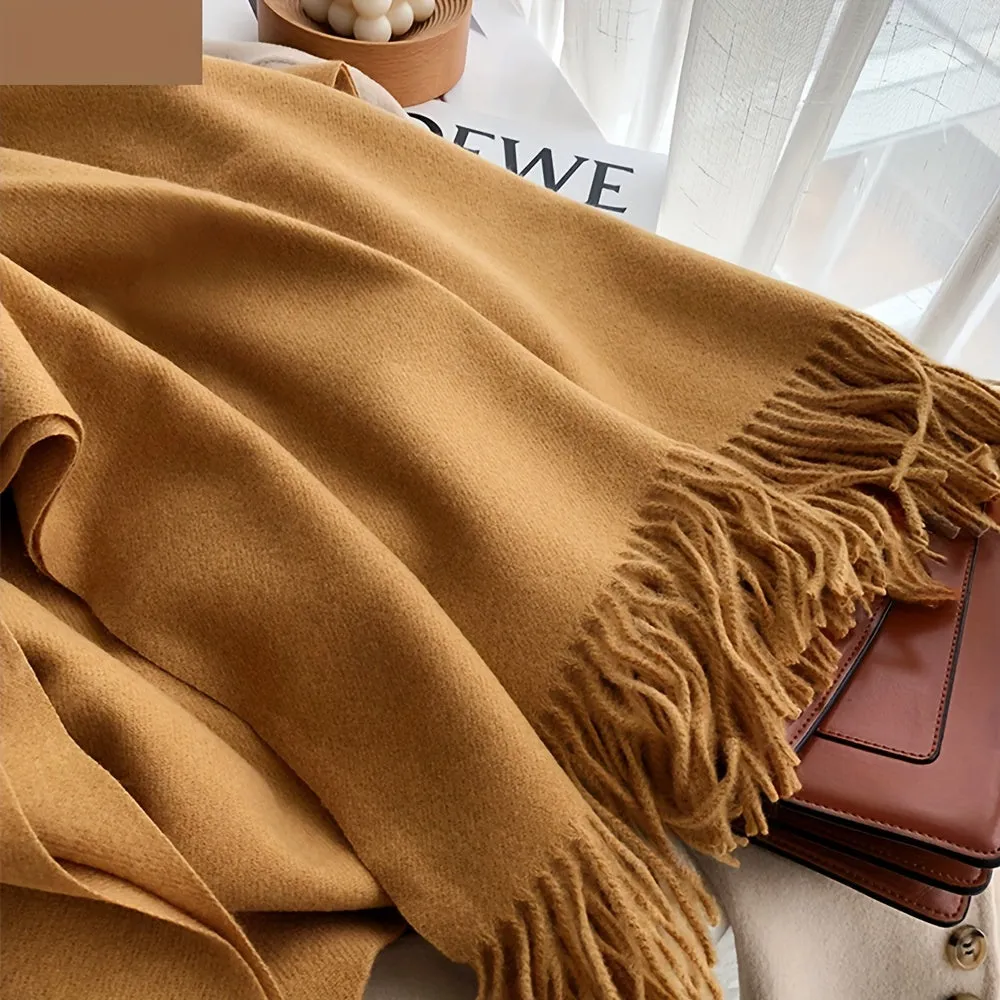 Chic Faux Cashmere Knit Scarf with Tassels - Cozy, Warm & Windproof for Winter | Solid Color, Non-Stretch Polyester