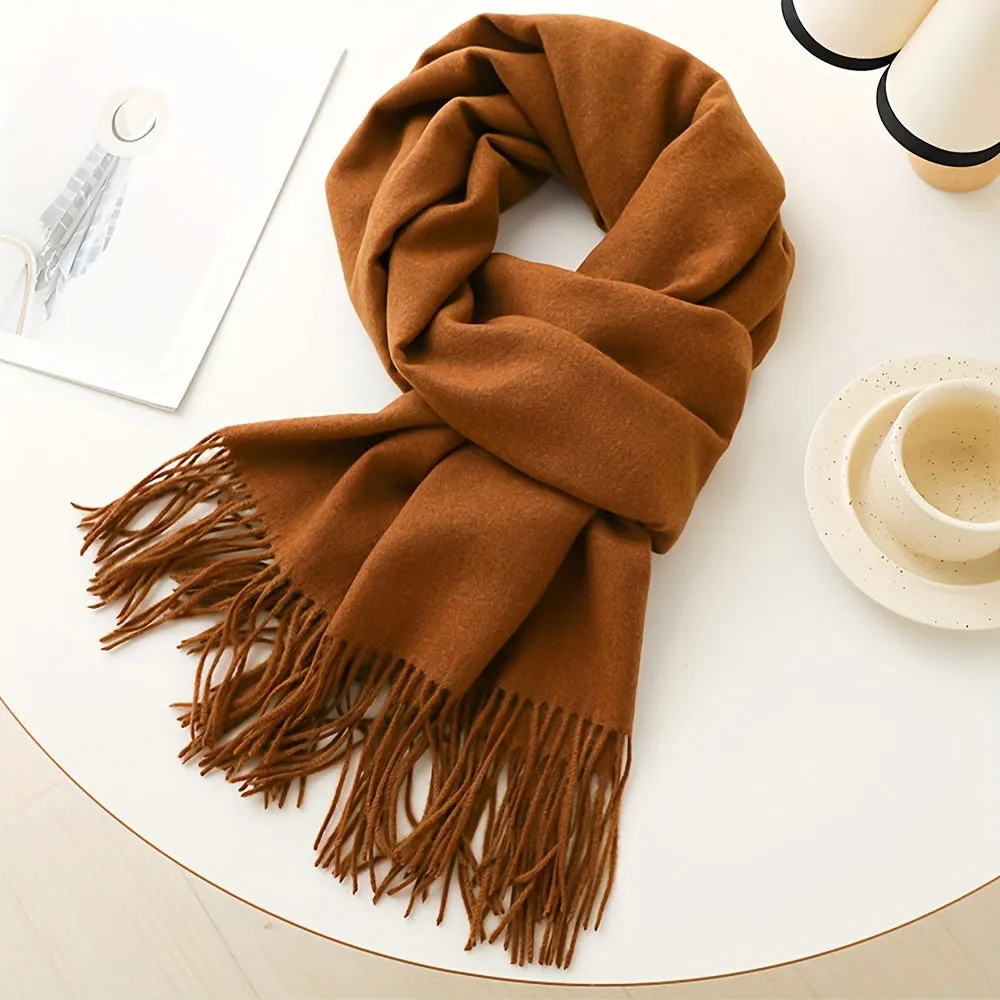 Chic Faux Cashmere Knit Scarf with Tassels - Cozy, Warm & Windproof for Winter | Solid Color, Non-Stretch Polyester