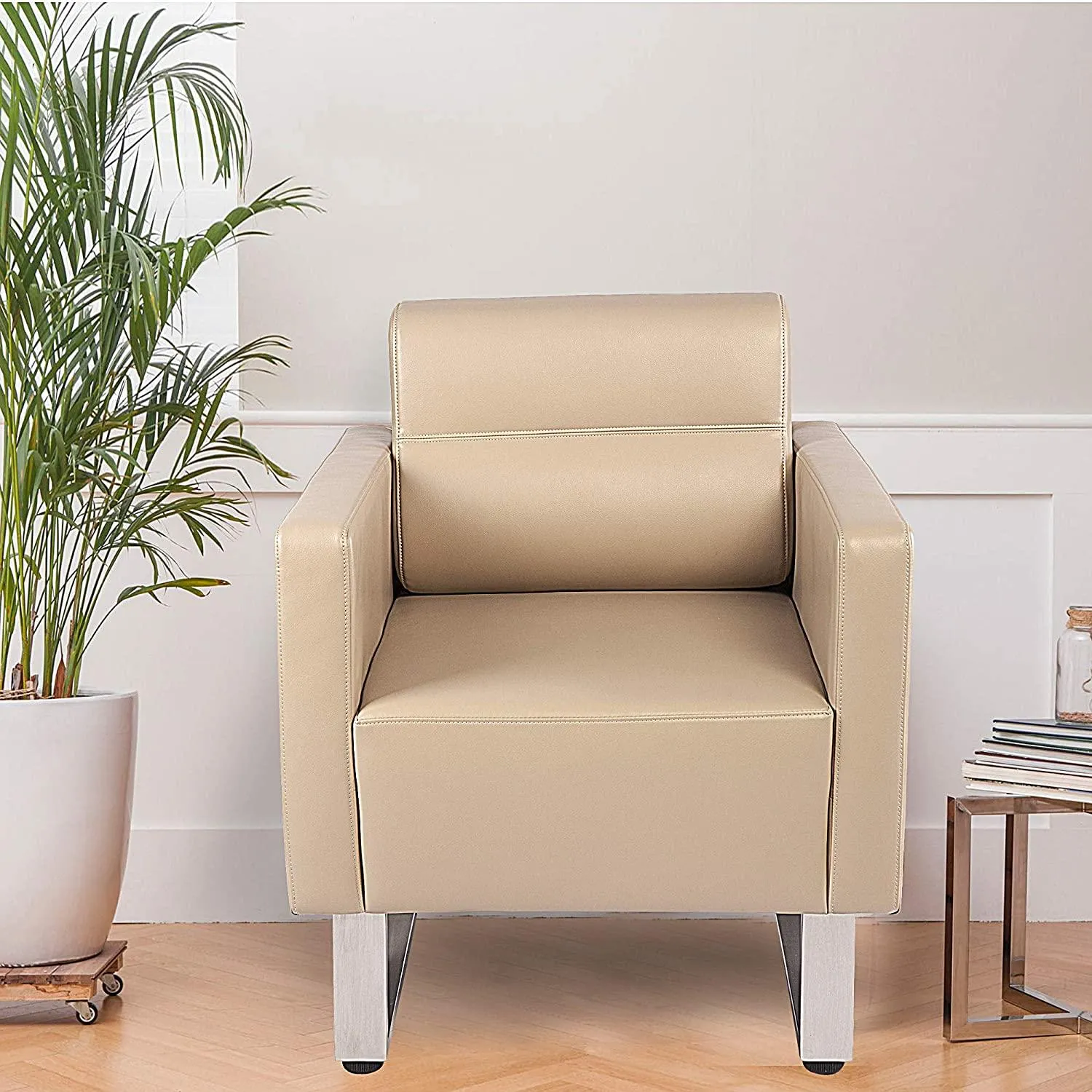 Guest Chair Office Reception Chair Leather Sofa Chairs with PU Leather Soft Sponge, Beige