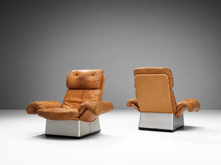 Italian Lounge Set with Chairs and Ottoman in Cognac Leather and Aluminum