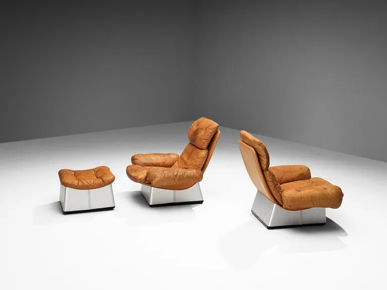 Italian Lounge Set with Chairs and Ottoman in Cognac Leather and Aluminum