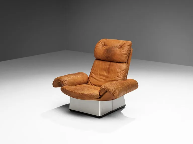 Italian Lounge Set with Chairs and Ottoman in Cognac Leather and Aluminum