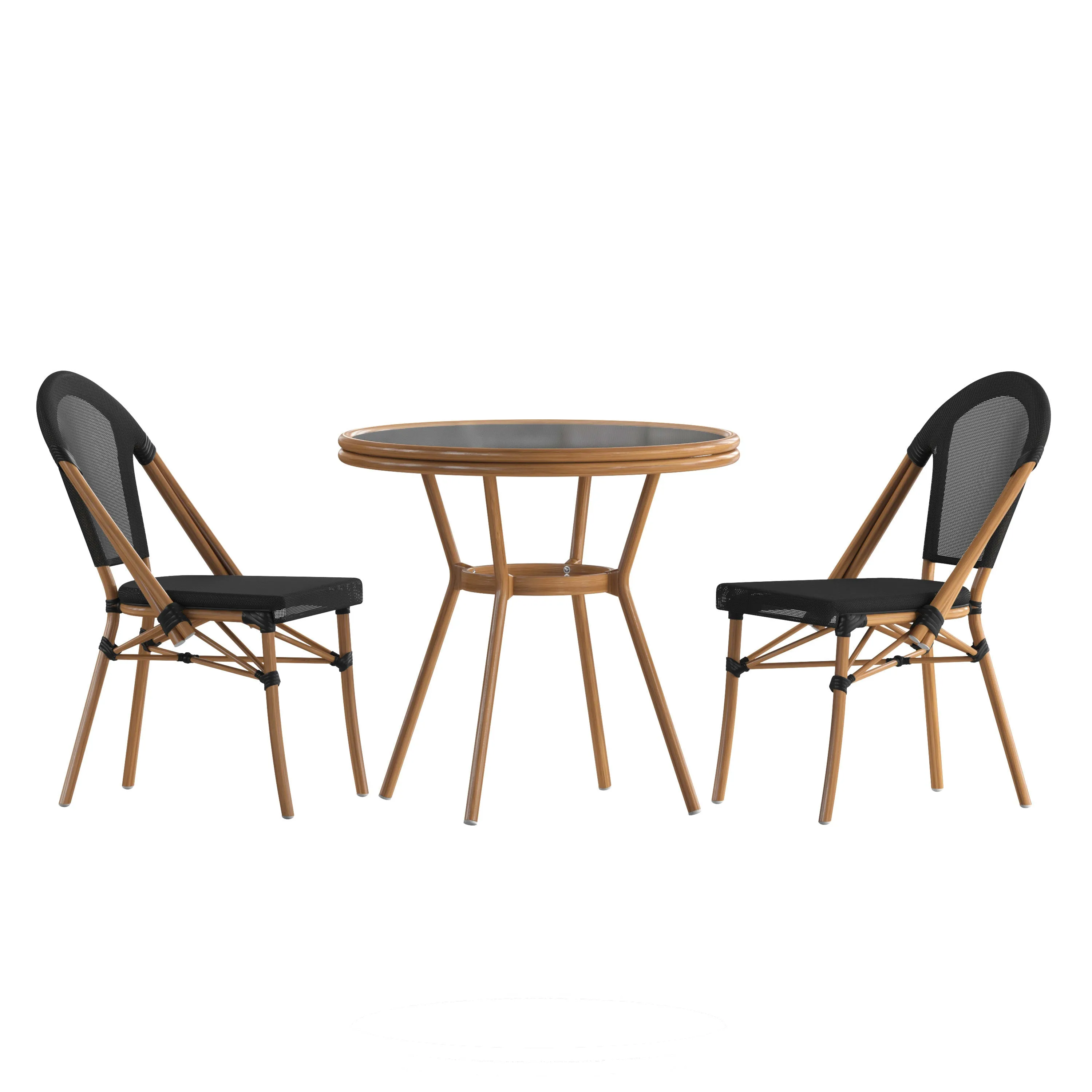 Marseille Indoor/Outdoor Commercial Bistro 31.5" Table, Textilene, Glass Top with 2 Stack Chairs