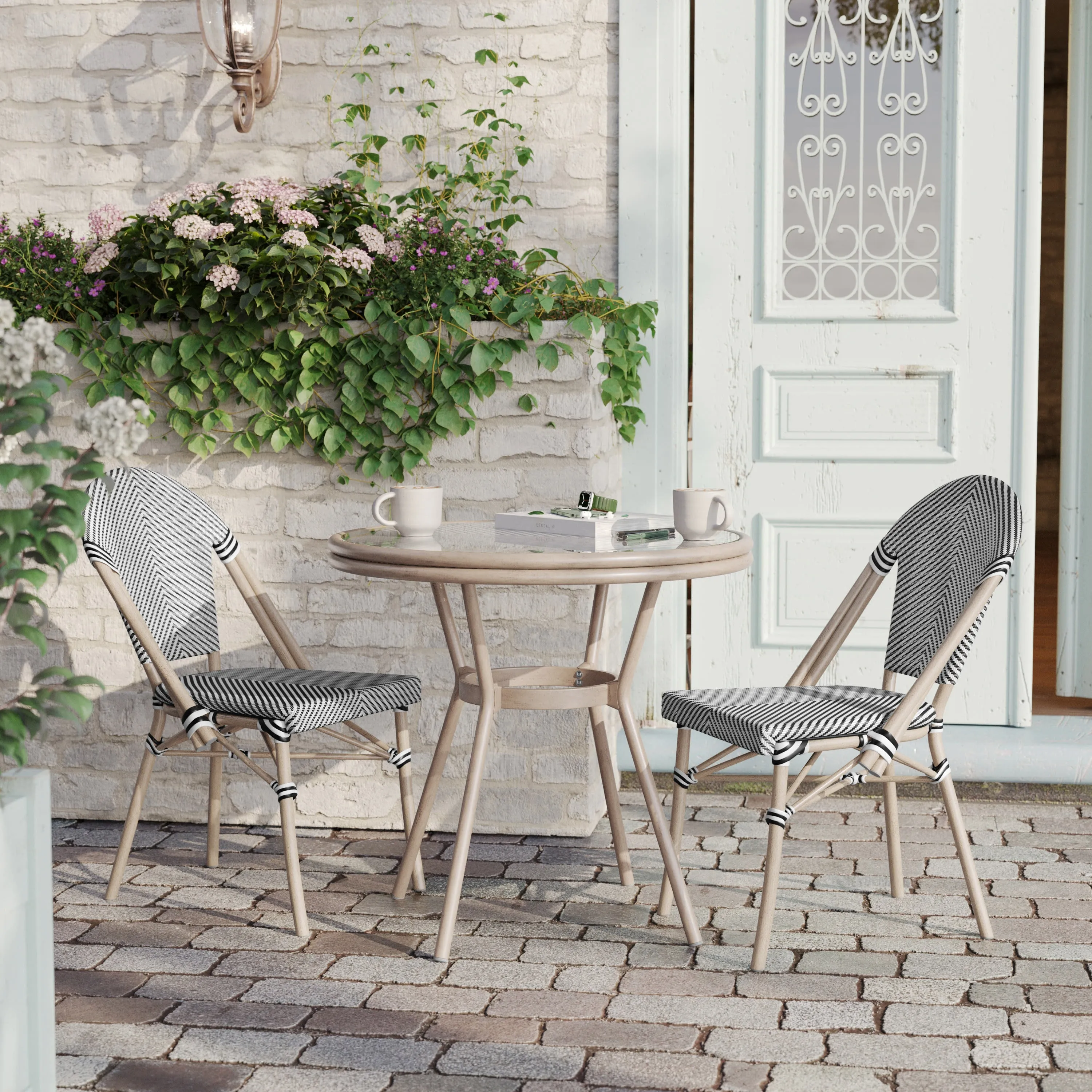 Marseille Indoor/Outdoor Commercial Bistro 31.5" Table, Textilene, Glass Top with 2 Stack Chairs