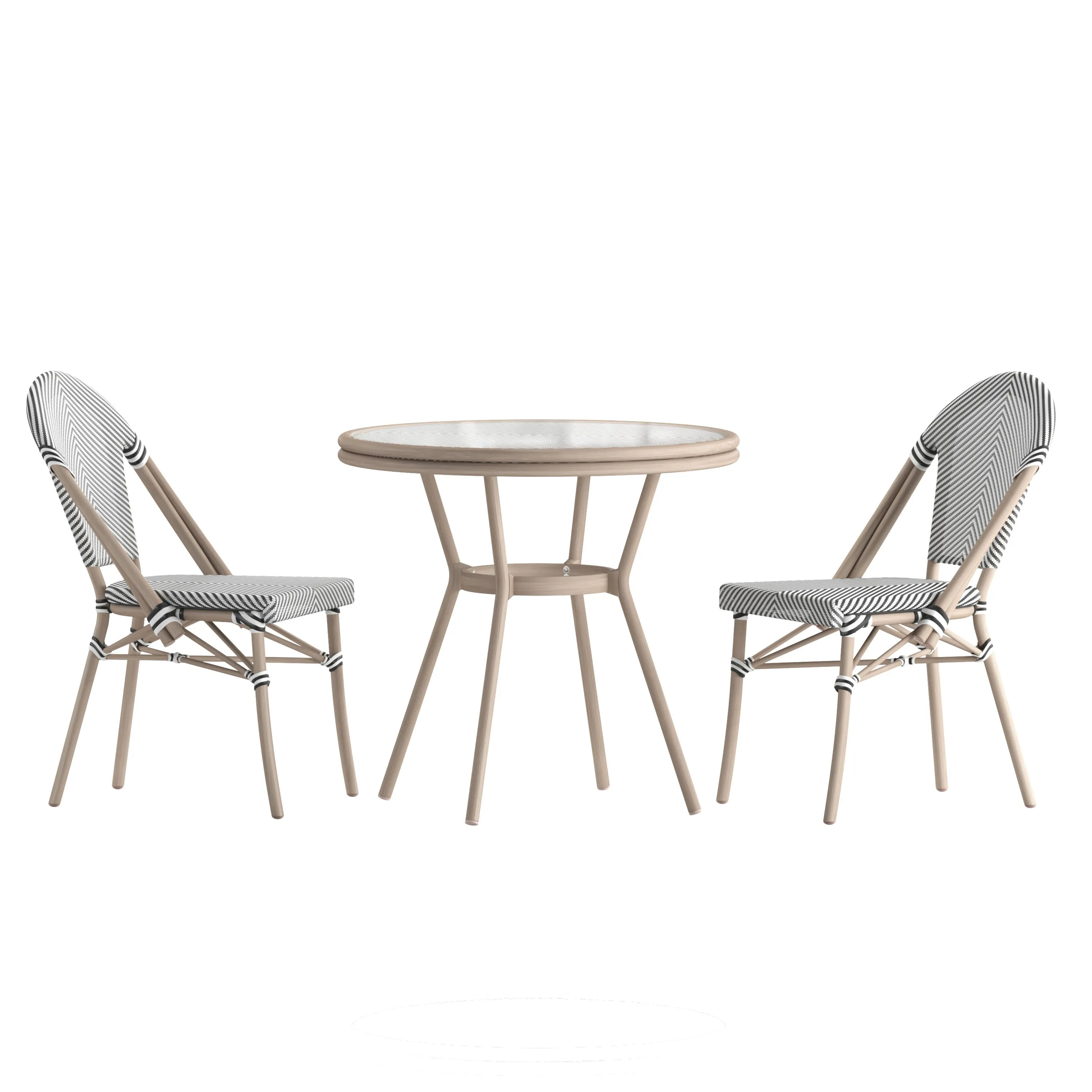 Marseille Indoor/Outdoor Commercial Bistro 31.5" Table, Textilene, Glass Top with 2 Stack Chairs