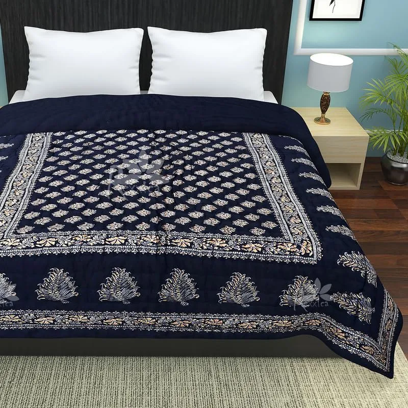 Lightweight Single Blue Jaipuri Razai with Sanganeri Print - Rexxica Pure Cotton Traditional Duvet and Comforter