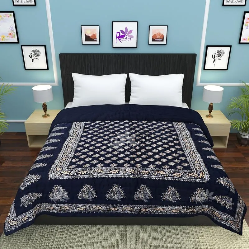 Lightweight Single Blue Jaipuri Razai with Sanganeri Print - Rexxica Pure Cotton Traditional Duvet and Comforter