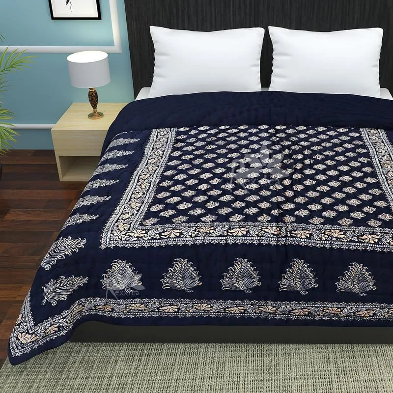 Lightweight Single Blue Jaipuri Razai with Sanganeri Print - Rexxica Pure Cotton Traditional Duvet and Comforter