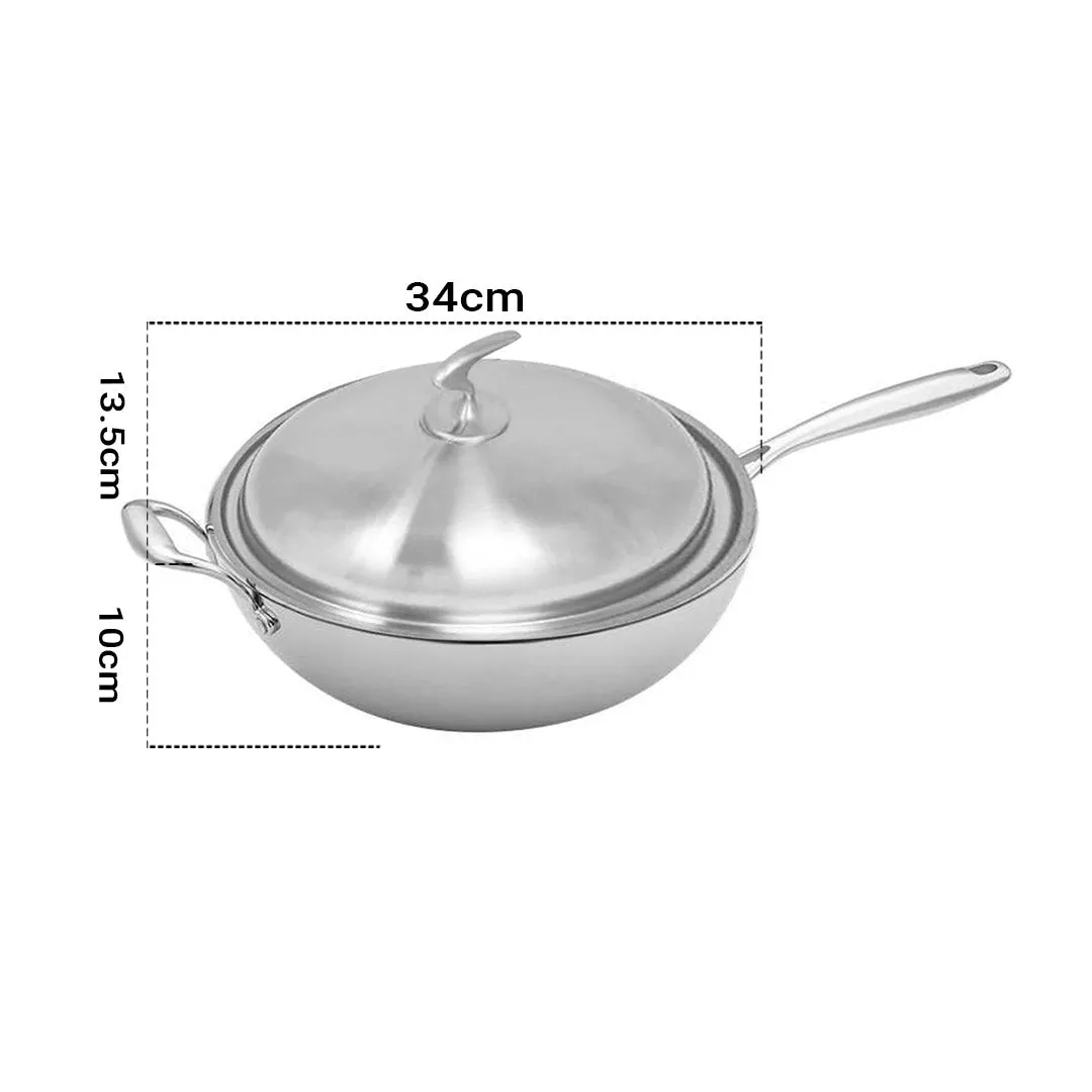 SOGA 18/10 Stainless Steel Fry Pan 34cm Frying Pan Top Grade Textured Non Stick Interior Skillet with Helper Handle and Lid