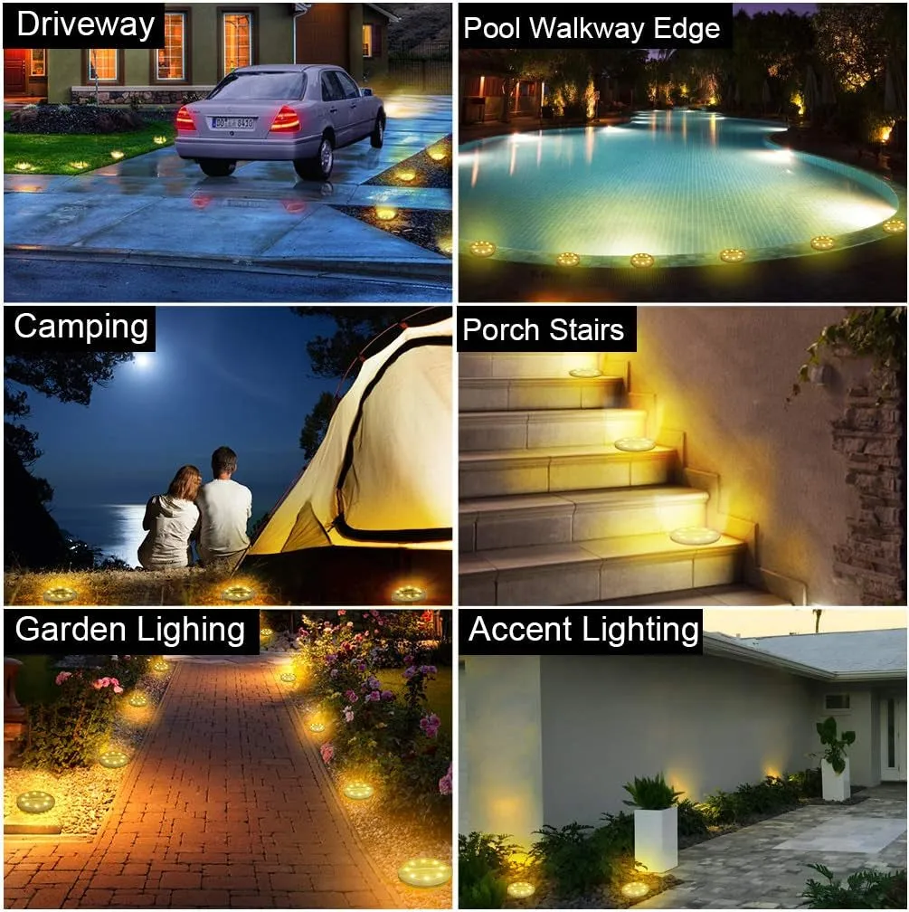 Solar Powered Ground Lights 8 Pack,Ip68 Waterproof Outdoor LED Disk Lights for Garden,Non-Slip Landscape Path Lighting for Patio Lawn Yard,Pathway Wear-Resistant Deck Lights Walkway Decor(Warm White)