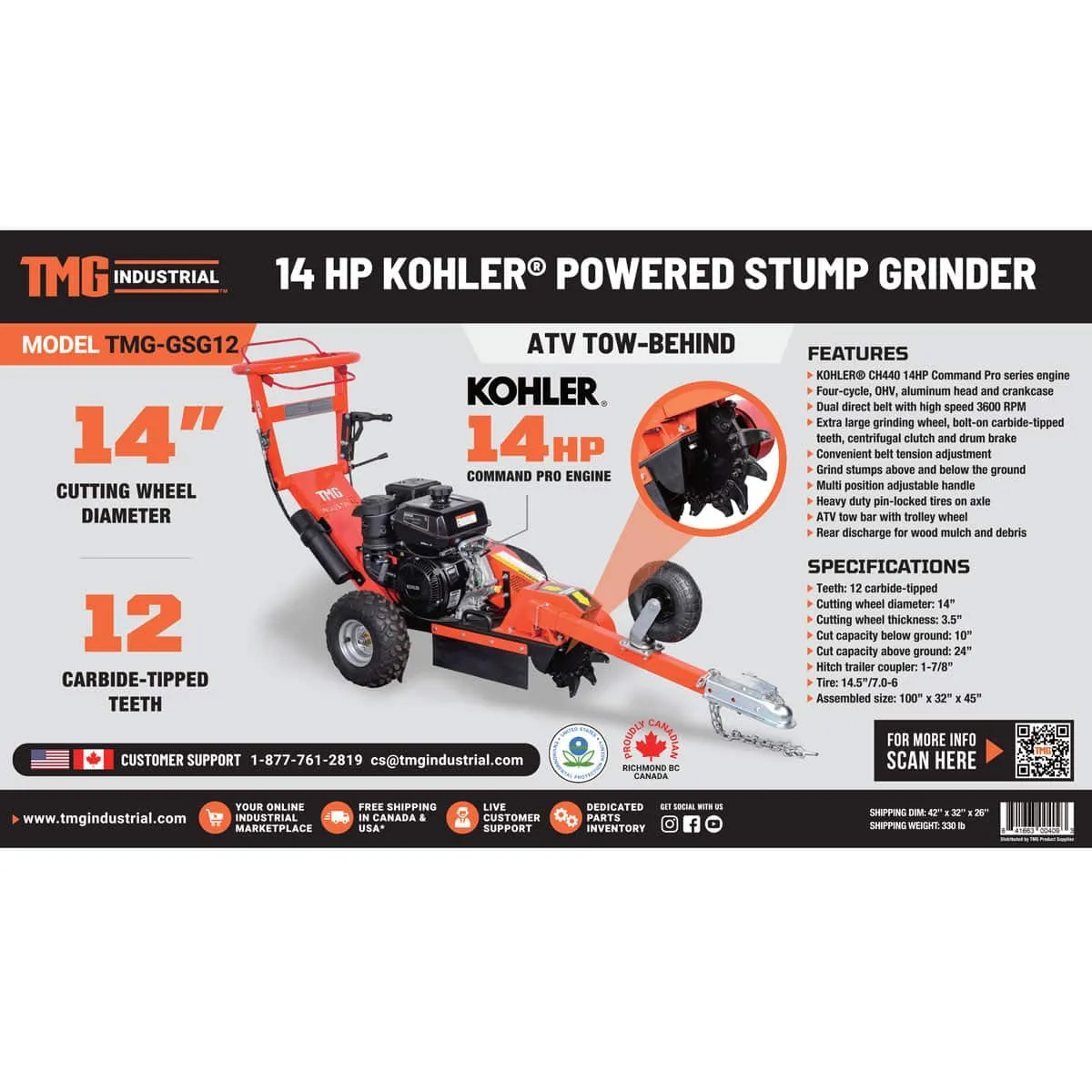 TMG Industrial Walk Behind Kohler Powered Stump Grinder, ATV/UTV Tow Bar, 12 Carbide Teeth, 24” Cutting Capacity, 14 HP Gasoline Engine, TMG-GSG12